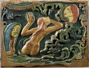 panneau bois de Gauguin portant l'injonction: soyez mystérieuse